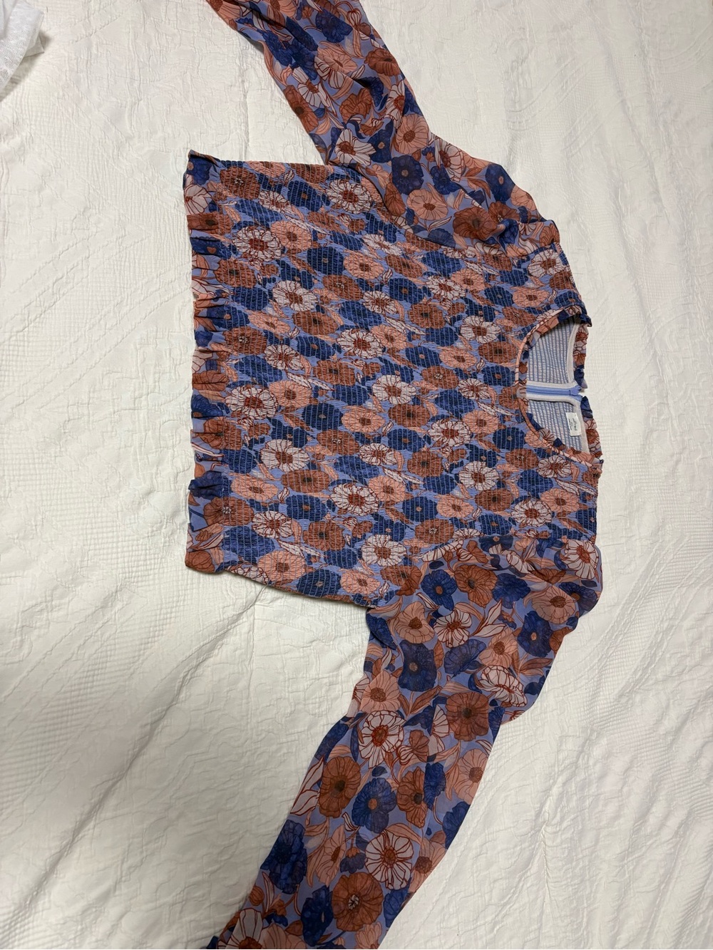 Wilfred Floral Smocked Long Sleeve Top - Blue & Rust Floral